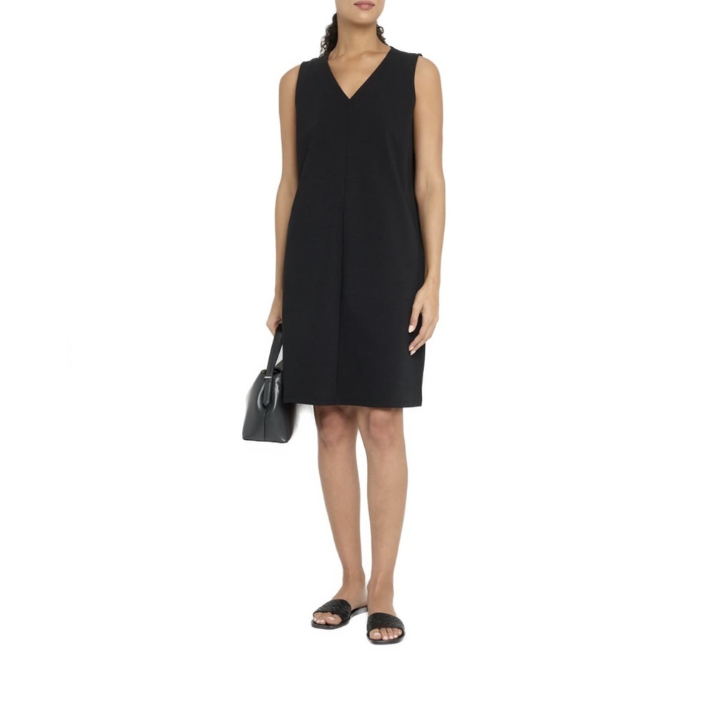 Eileen Fisher Cotton Blend Ponte Shift V-Neck Dress Black Size XL NWT